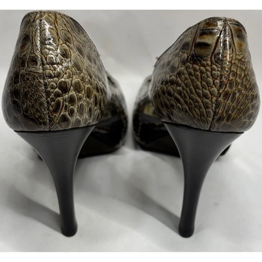 J Vincent Croc Embossed Leather Peep Toe High Heel Pumps Brown 8.5M Brazil